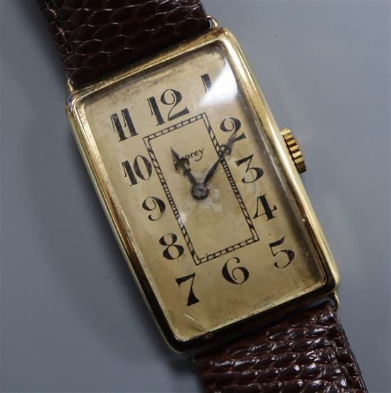 A gentlemans 1930s/1940s? yellow metal manual wind wrist watch, retailed by Asprey, (one lug a.f.),